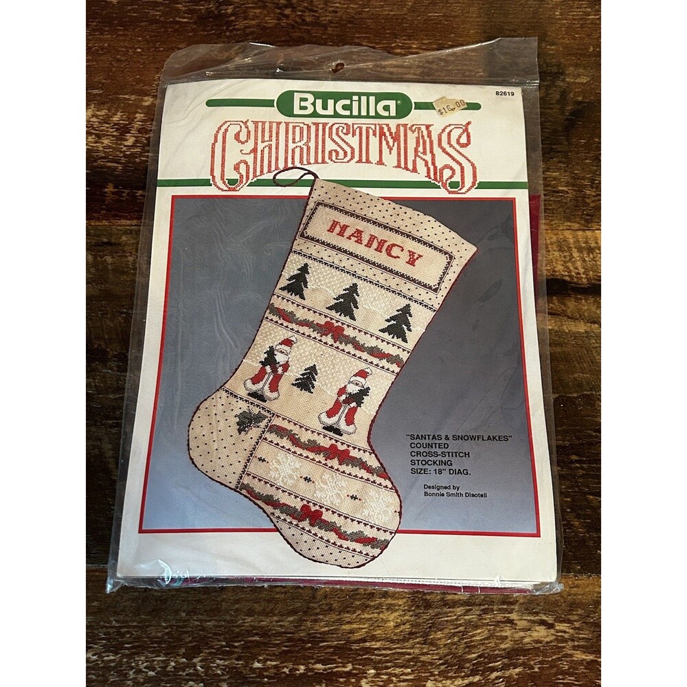 NIP Bucilla Counted Cross Stitch Christmas Stocking Santas and Snowflakes #82619